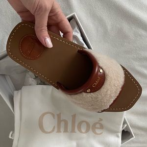 Chloe Woody Leather-Trimmed Shearling Slides